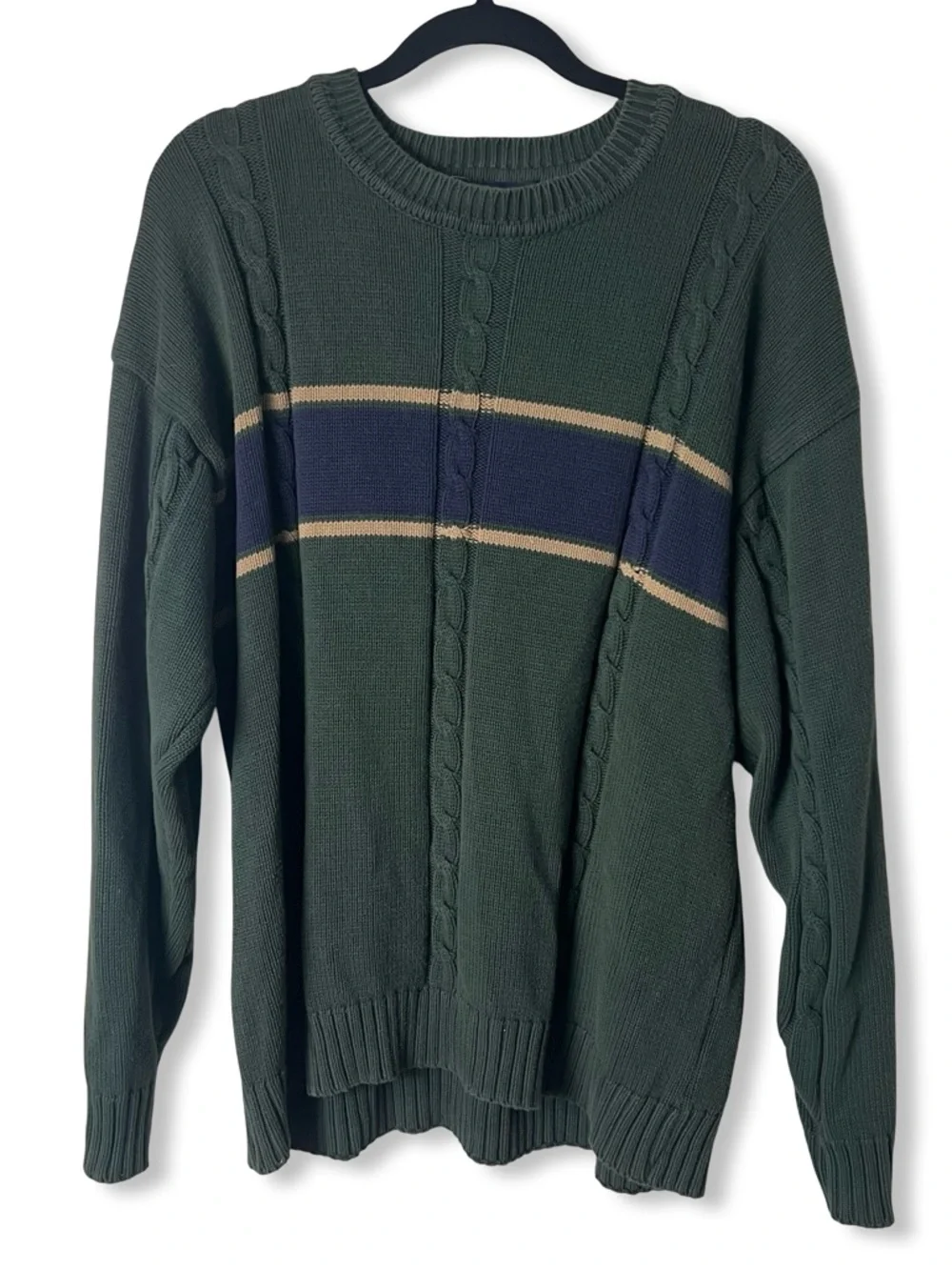 Vtg Cambridge‎ Classics Mens Cable Knit Striped Crewneck Sweater Green Sz. XL